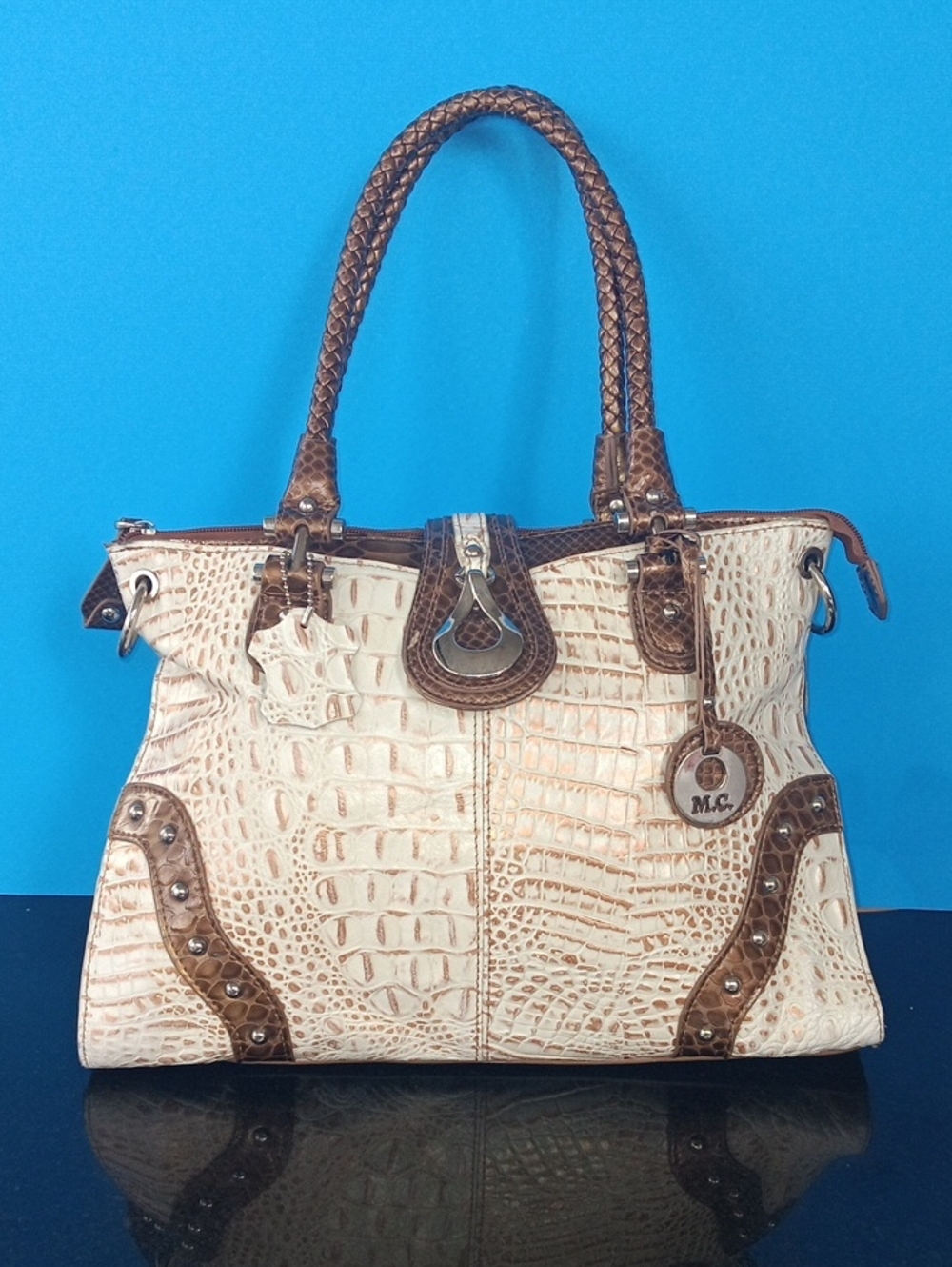 M.C Cream & Brown Croc-Embossed Satchel Handbag Size 13+10+6